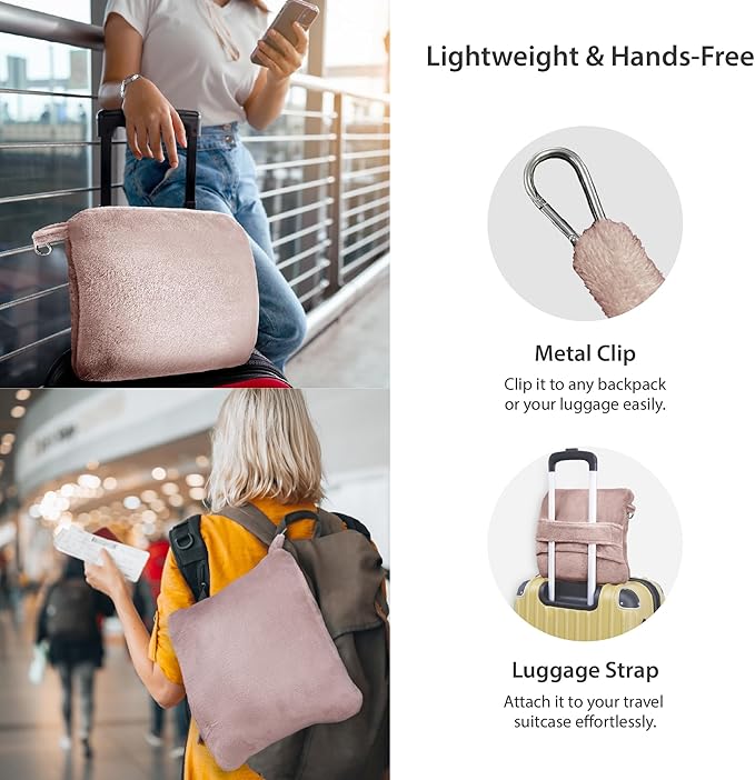 DEZ FURNISHINGS 4-in-1 Travel Compact Blanket Pillow Super Soft Velvet with Luggage Sleeve and Backpack Clip, Dusty Pink, 60" x 45"