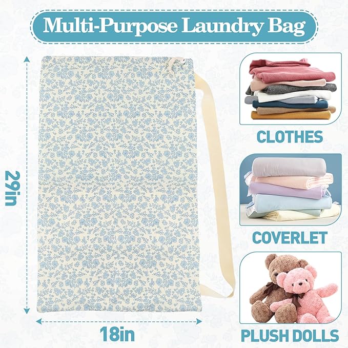 Laundry Bag, Dirty Backpack Laundry Bag For College Travel Laundromat Apartment, With Handles 29" X 18" (Blue Florals)