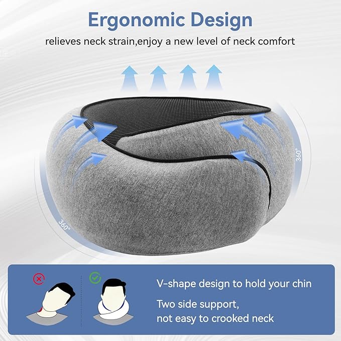 Neck Pillow Airplane, Travel Pillows for Airplanes, Memory Foam Adjustable Portable Neck Pillow for Traveling, Car Rides, and Home Use (Gray)