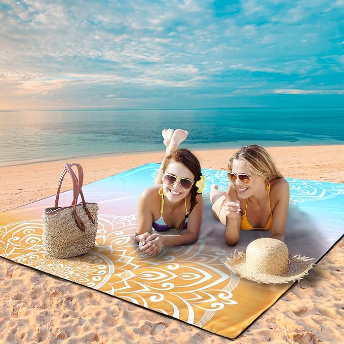 Beach Blanket Sandproof Extra Large Beach Mat Adults Waterproof Quick Drying Sand Free Mat Made by Premium Polyester with 4 Stakes & 4 Corner Pockets for Outdoor Travel Camping Hiking