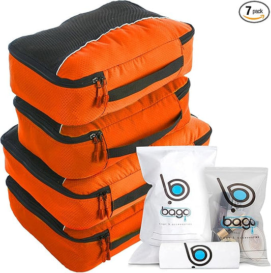 bago 7 Pcs Packing Cubes For Travel - 4 Packing Cube with 3 ZipLock Bags - Travel Cubes to Get Maximum Storage, Save Time & Effort to Pack - Happy Traveling (Orange)