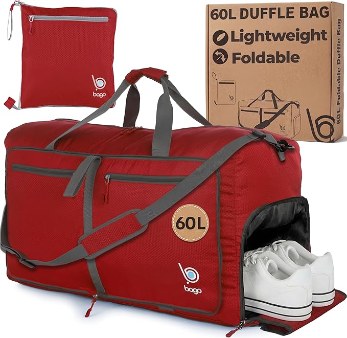 Bago Medium Duffle Bag for Travel Women & Men. Durable Lightweight Foldable Travel Duffel Bags For Traveling Women. 60L Duffle Bags For Overnight Bag With Shoe Compartment Collapsible Weekender duffel