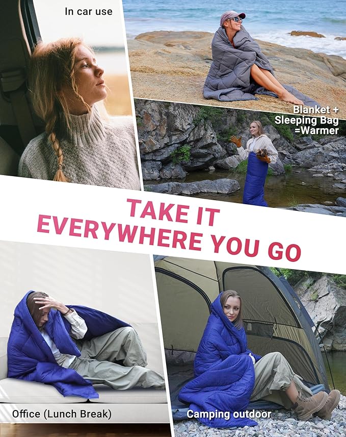 KingCamp Ultralight Camping Blanket, Packable Down Alternative Puffy Wearable Blankets Weatherproof Warm Package Quilt with Snap Buttons for Outdoor Hiking Travel Picnic Stadium (69"L x 53"W, Black)