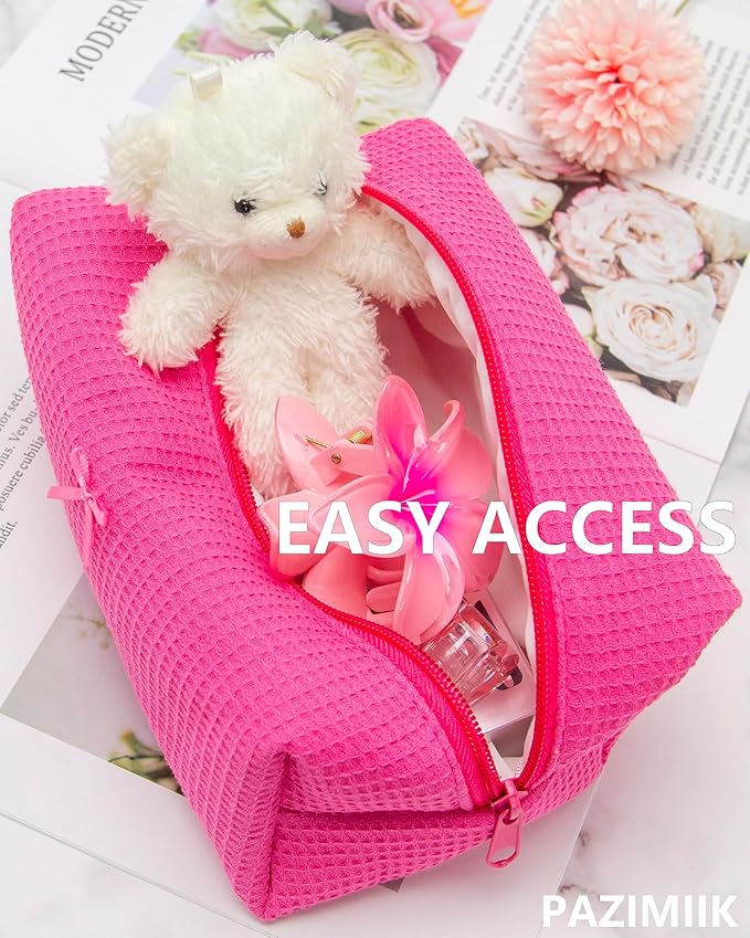 PAZIMIIK 2PCS Cozy Makeup Bag Travel Cosmetic Bag for Women Soft Toiletry Bag Aesthetic Makeup Organizer Portable Large Zipper Pouch for Skincare Beauty Accessories Brushes Waffle Hotpink