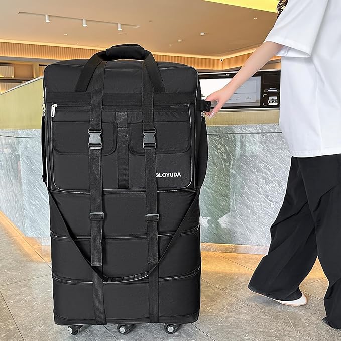 130L Expandable Luggage, 40 Inch Suitcase with Wheels, Collapsible Luggage with Wheels, Rolling Duffle Bag with wheels, Foldable Suitcasewith2Handle Wrap 2Fixing Straps 1Shoulder Strap (Black)