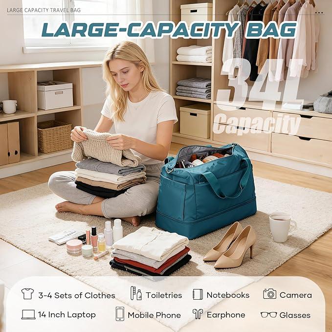 Travel Duffel Bag with Shoe Compartment, Large Weekender Bags for Women Men with Trolley Sleeve for Airplane, Waterproof Carry on Bag Sport Tote Bags Hospital Holdalls, Peacock Blue