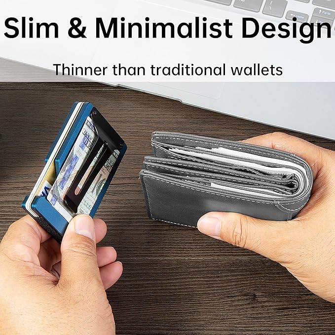 Minimalist Carbon Fiber Wallet for Men, Money Clip Cash Strap Wallet, RFID Blocking Metal Wallet Aluminum Card Holder,Front Pocket Wallet(Matte Blue)