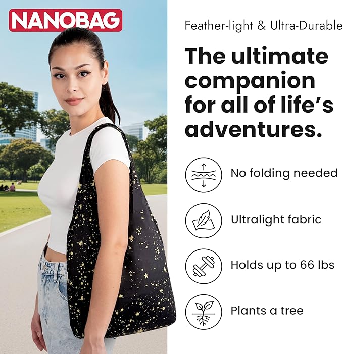 Nanobag Ultralight Foldable Tote for Women & Men, Reusable Grocery & Travel Bag, Packable Collapsible Compact Market Essential (Micro Blue Waves)