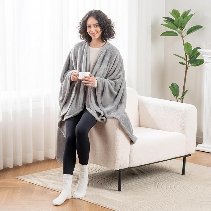Berkshire Blanket Primalush™ Wearable Blanket, Cozy Loungewear Pocketed Plush Cape Wrap for Adults & Teens(Pebble Gray, One Size 58"X64")