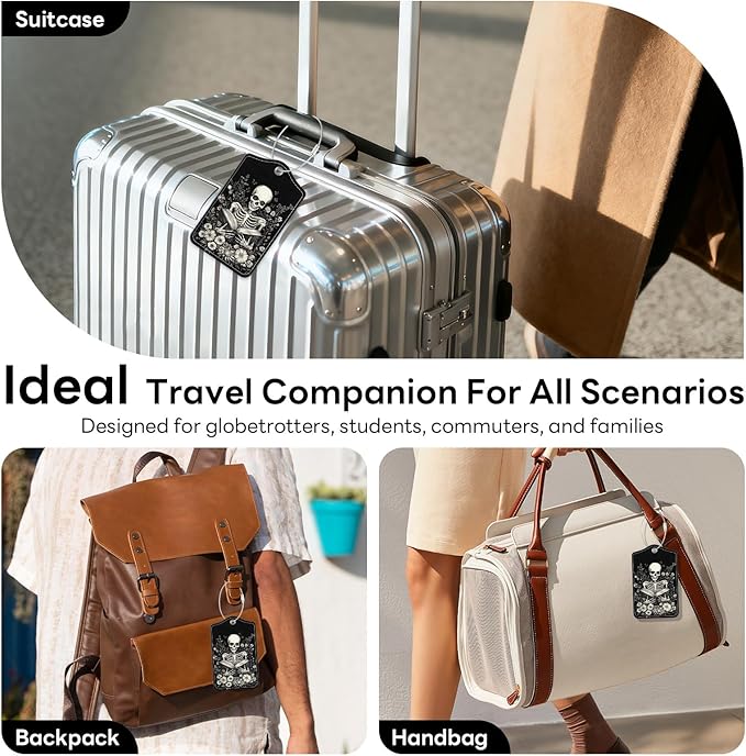 2 Pack PU Leather Luggage Tags for Suitcases, Privacy Protection Cover with Stainless Steel Loop and Address Card, Travel Cruise Essentials (Book Skull)