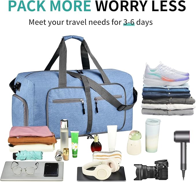 Dimayar 85L Travel Duffle Bag for Men Women - Foldable Duffel Bag with Shoes Compartment - Overnight Bags Waterproof & Tear Resistant(Blue)