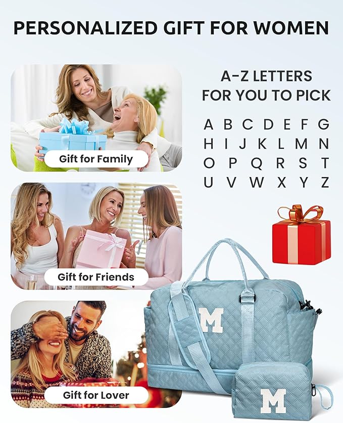 Personalized Kids Weekender Bag - Monogram Overnight Travel Duffel with Shoe Compartment, Makeup Bag, Sister, Friend, Girlfriend Gifts (Light Blue, M)