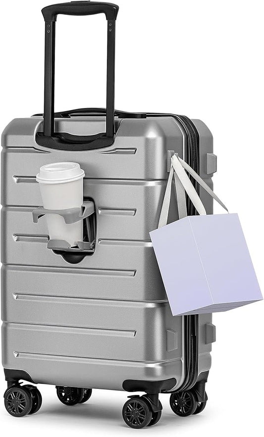 KYME Carry On Luggage 22x14x9 Airline Approved Hardshell Carry On Suitcases with Wheels Travel Rolling 20 Inch Luggage with Cup Holder for Women Men,Carry-on Silver Grey