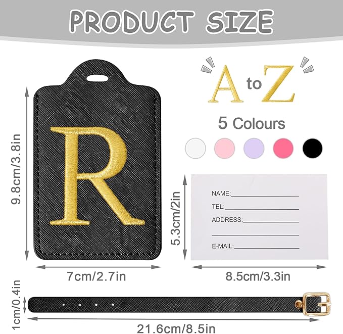 Personalized Initial Luggage Tags for Suitcases, Cute PU Leather Embroidered Letter Travel Luggage Tags, Suitcase Identifier Name Baggage Tag, Bag Tags for Men Women Kids Luggage Handbags(Black R)