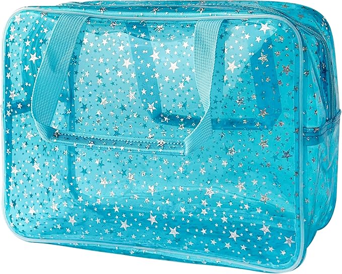 Holographic Star Large Light Blue Makeup Cosmetic Organizer Bag and Travel Pouch with Handle,Durable Material,Zipper Design-Ideal for Makeup,Travel Essentials (Blue)