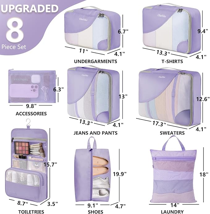 8 Set Packing Cubes for Travel, Gifts for Women Mom,Anti-Tearing Suitcase Organizer for Luggage with Shoe & Hanging Toiletry Bag,OlarHike Vacation Essentials & Accessories for Cruise Ship