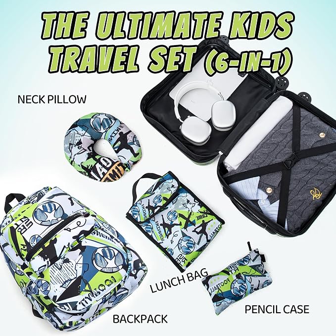 Kid’s Luggage Set 6 Piece Suitcase Set 16" Hardside Luggage with Spinner Wheels Girls Boys Carry on Luggage Travel Rolling Luggage Airline Approved (Soccer)