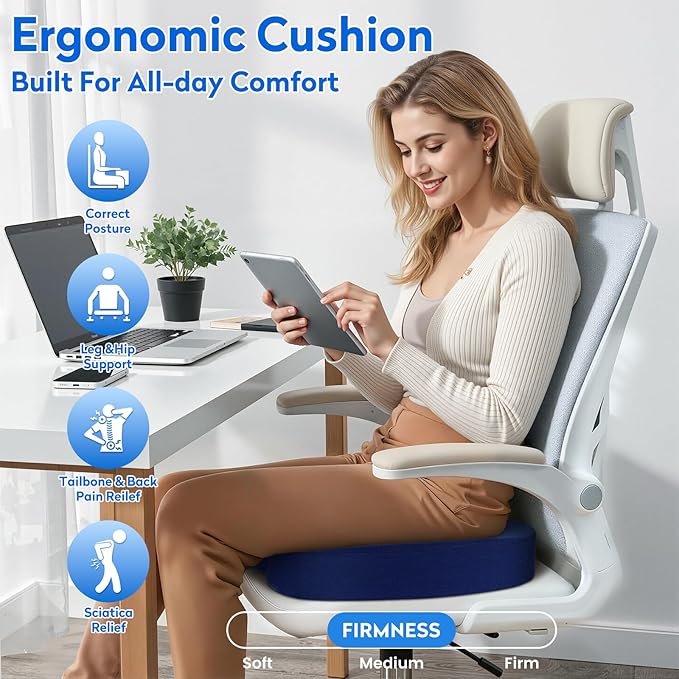 Office Chair Cushions, Memory Foam Coccyx Cushion for Tailbone Pain Office Chair Car Seat, Sciatica, Coccyx, Lower Back Pain Relief (Blue)