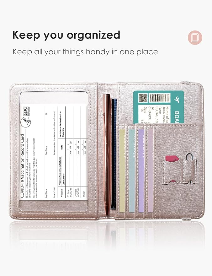 Mymazn Passport and Vaccine Card Holder Combo Passport Holder Wallet With Vaccination Card Holder Passport Case with RFID Blocking Clear Pocket For Vaccine Card Holder (Champagne Pink)