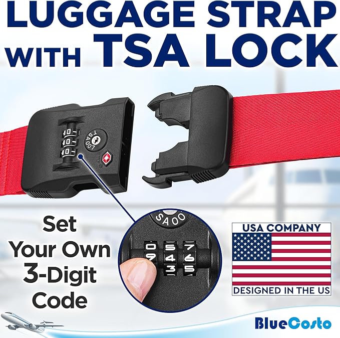 BlueCosto - Luggage Strap with TSA Lock - 7 to 13 ft Adjustable, Bright Red - TSA Approved Suitcase Security Belt with 3 Digit Combination Locking - 2" Wide Heavy Duty Baggage Strap for Secure Travel
