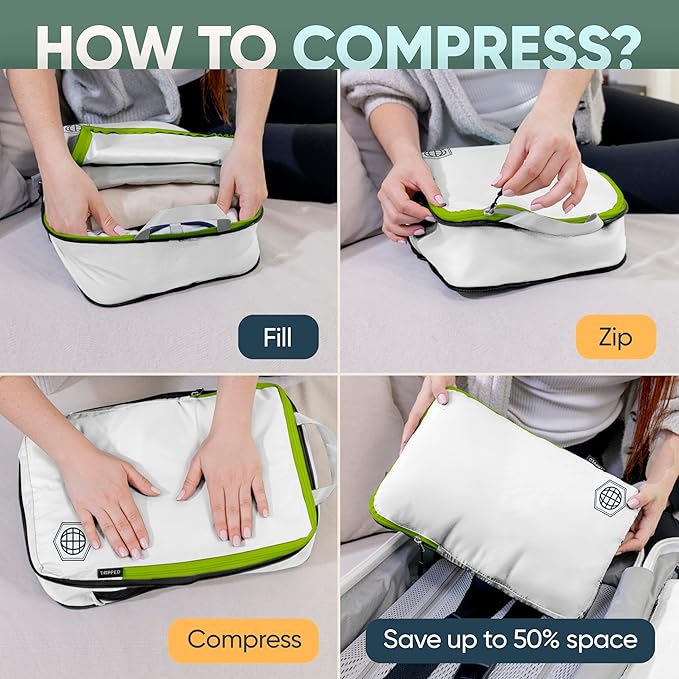 Large Compression Packing Cubes for Travel-Packing Cube Luggage Organizers 7 Piece Set for Checked Luggage-Ultralight, Expandable/Compression Bags by TRIPPED Travel Gear (White/Green)