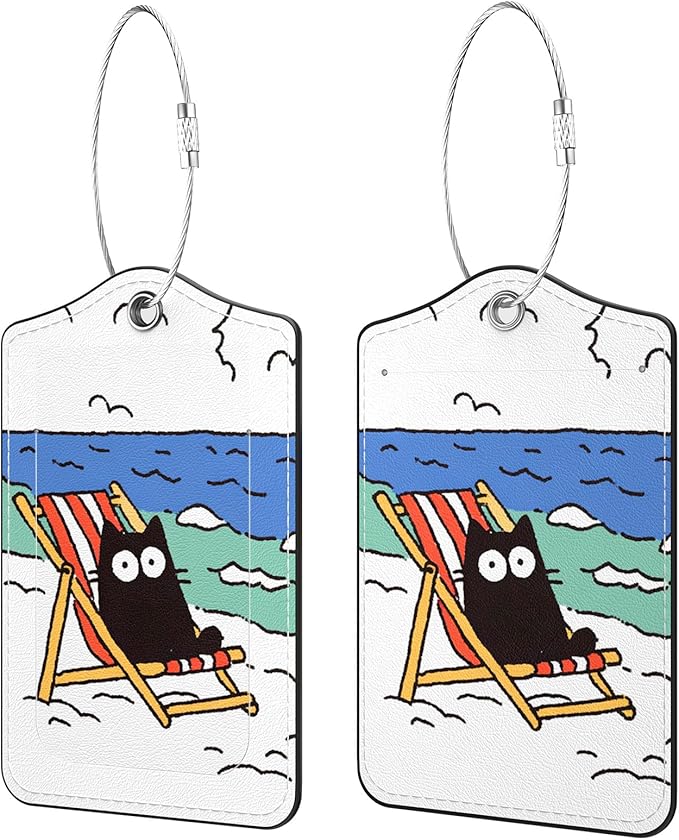 2 Pack PU Leather Luggage Tags for Suitcases, Privacy Protection Cover with Stainless Steel Loop and Address Card, Travel Cruise Essentials (Beach Cat)