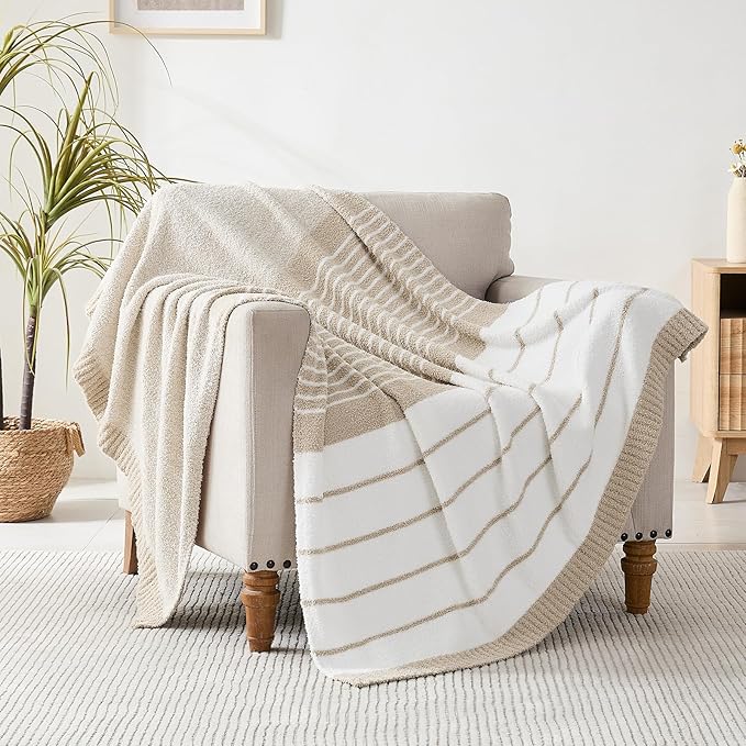Throw Blanket, Taupe White Soft Cozy Fluffy Striped Throw Blankets for Couch, Sofa, Bed, Chair, Warm Fuzzy Plush Lightweight Decorative Stripe Blanket, 50x60 inches