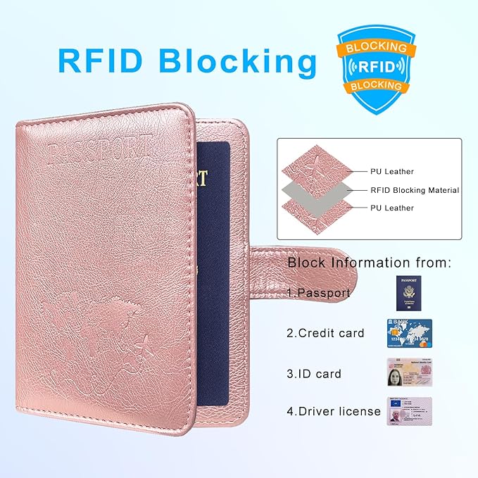 ACdream Passport Holder for Travel Essentials, Rfid Blocking Passport Wallet Cover Case for Travel Must Haves Accessories, Book Holders for Women/Men- Rose Gold