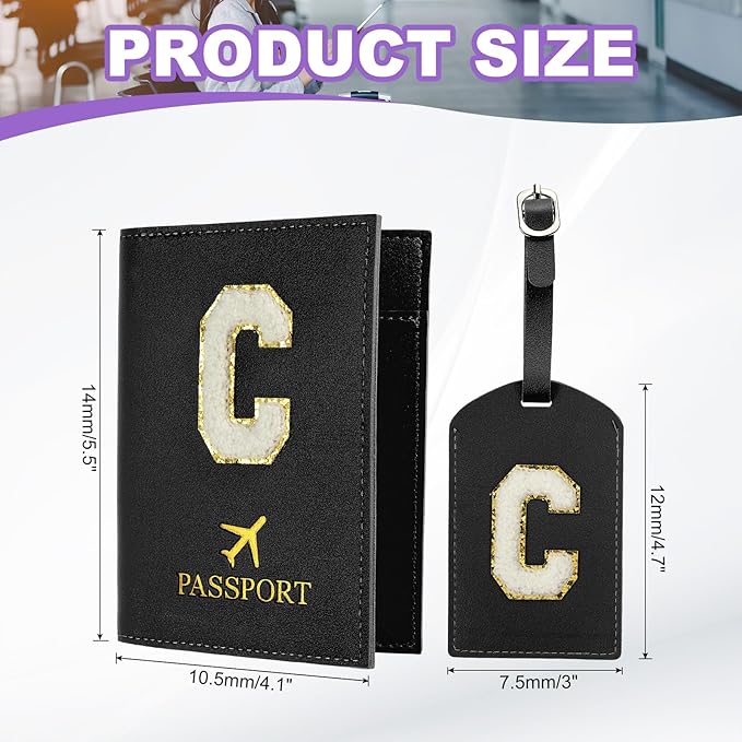PATIKIL Passport Holder for Travel, Initial Passport Cover and Luggage Tag Set with Alphabet Chenille Letter Patch Travel Wallet Bag Suitcase Identifier for Women Family Travel Black C