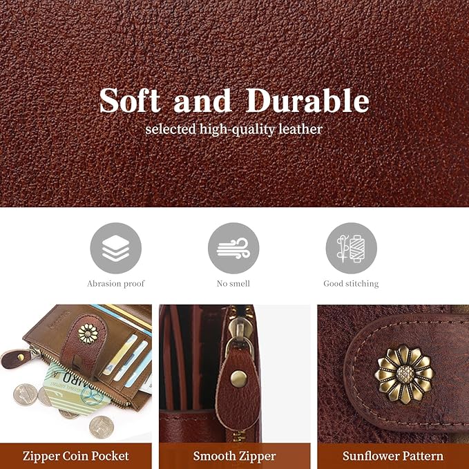 Wallet Women,Rfid Blocking Leather Bifold Womens Wallet Compact Card Holder Small Wallet for Women with Removable ID Window Darkhkaki
