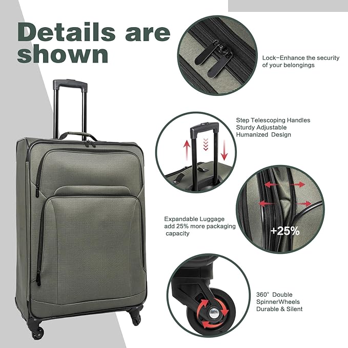 Merax Luggage Set Softshell Expandable 3 Piece Suitcase with Wheels Duffel Bags Softside Lightweight Travel Luggage 20/24/28 IN,Dark Green