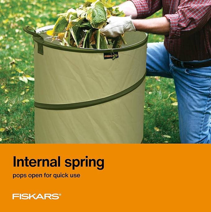 Fiskars Kangaroo Collapsible Spring Up Garden Bag for Yard Waste, Grass, Branches & Weeds, Tear & Mildew Resistant Vinyl-Coated Polyester, Folds Flat to 3 Inches for Space-Saving Storage, 30 Gallon