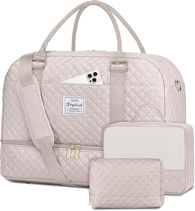 Weekender Travel Duffle Bag for Women: Overnight Bags with Shoe Compartment Carry on duffel Bag for Airplanes with 2 PCS Toiletry Bags Weekend Yoga Gym Hospital Bag with Wet Pocket Antiquewhite