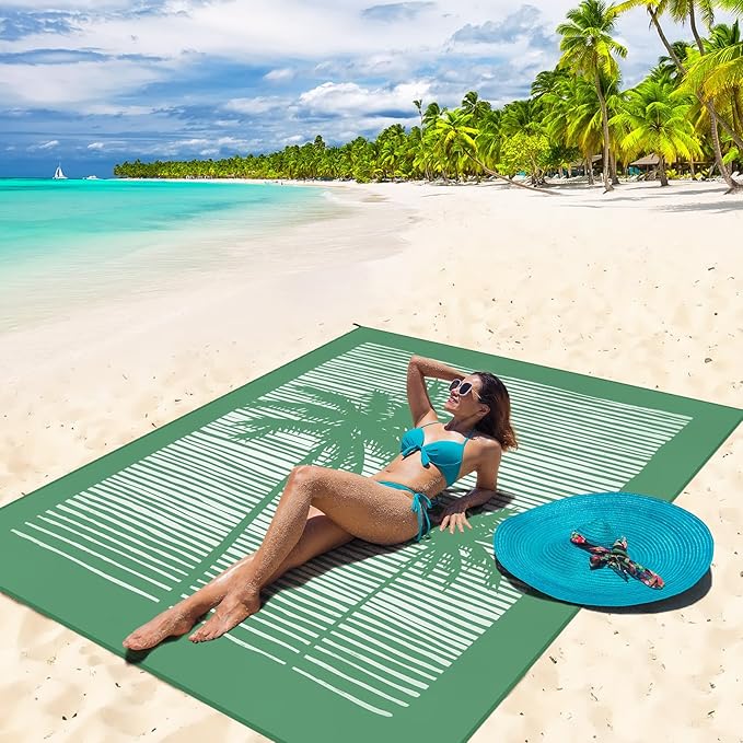 Beach Blanket Sandproof Extra Large Beach Mat Adults Waterproof Quick Drying Sand Free Mat with 4 Stakes & 4 Corner Pockets for Outdoor Travel Camping Hiking Green 79" X 83"