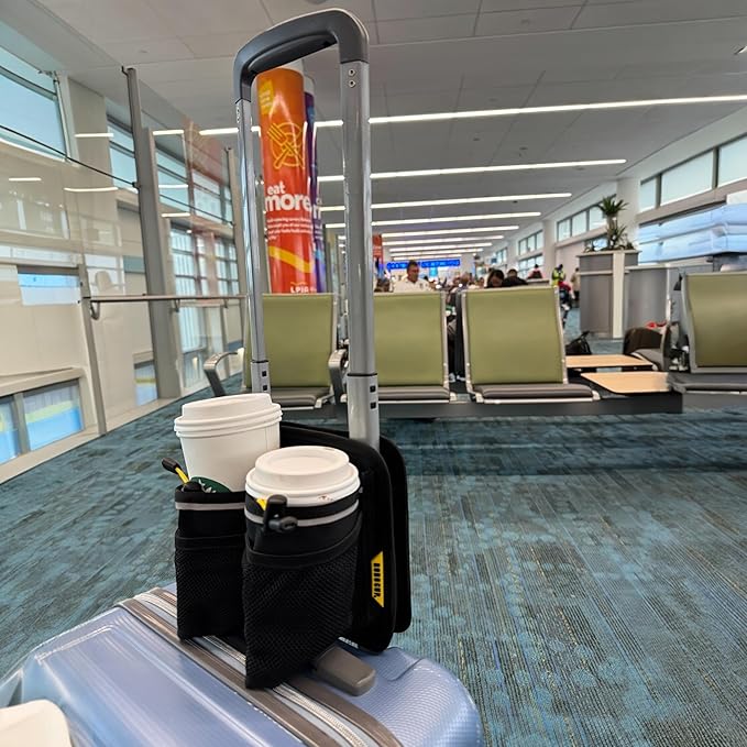 ROBOCUP Travel-Friendly Foldable Dual Drink Holder, Univesal Design for Luggage, Cases and Breifcases with a Telescopic Handle | Storage Pockets, D-Ring, Pen Slot, Reflective Stripe, Hook&Loop Patch