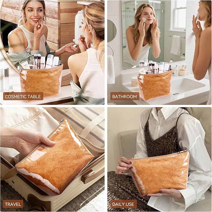 WLLWOO PVC Waterproof Makeup Bag Kraft Paper Cosmetic Bag Travel Toiletry Zipper Pouch Organizer for Women Purse