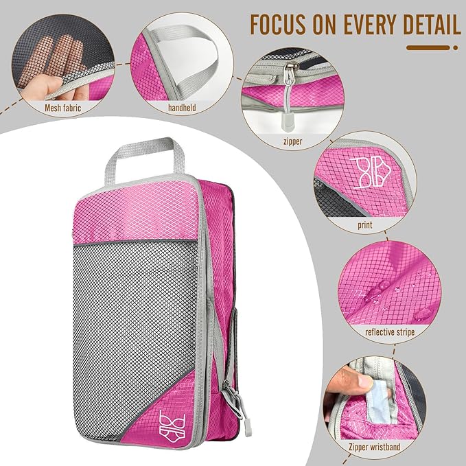9-Set Packing Cubes with Hanging Bag | 9-Size Combination, Mesh Fabric & Reflective Stripe | Travel Luggage Organizers (Pink)