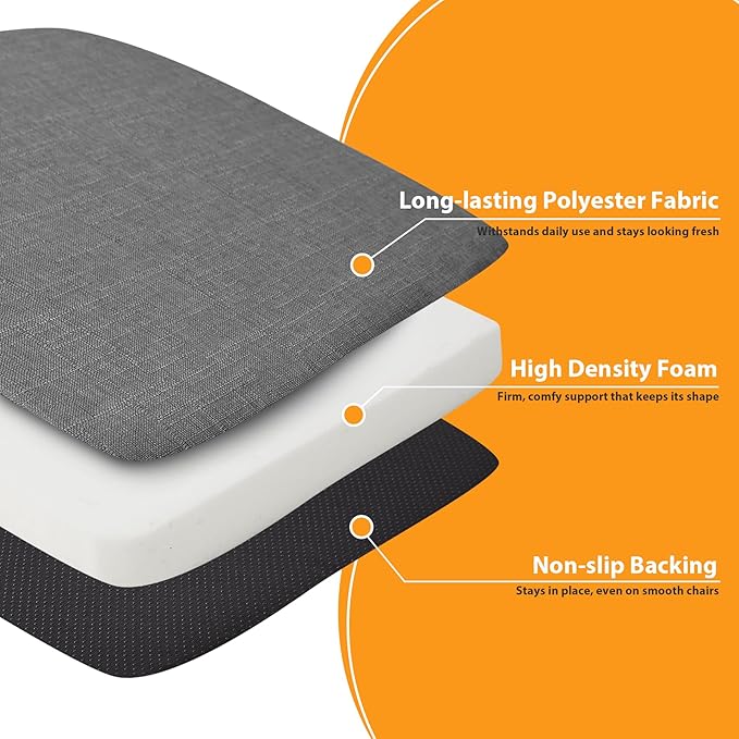 Chair Cushions for Dining Chairs, 2" Thick Seat Cushions for Kitchen Chairs, D-Shaped Chair Pads with Washable Cover, Ties and Non Slip Backing, 17'' x 16'', Set of 6, Dark Grey
