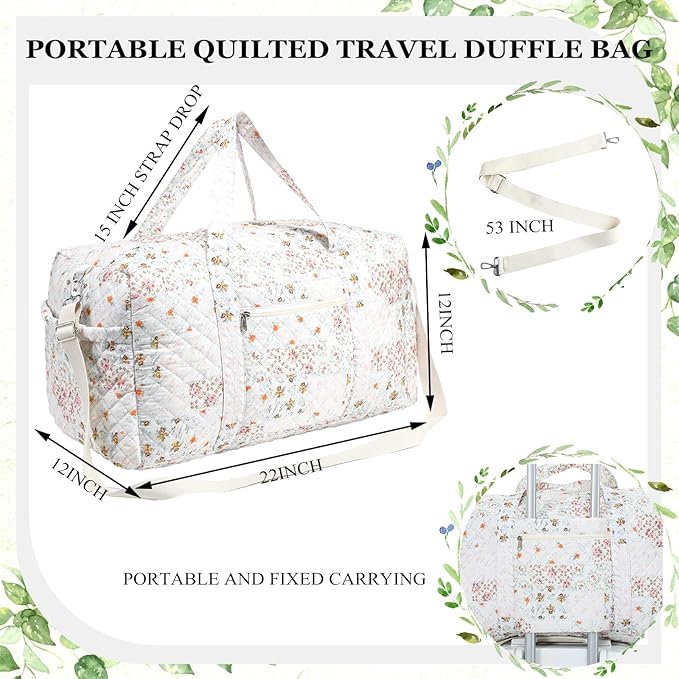 Large Quilted Travel Duffle Bag for Women Floral Portable Gym Weekender Bag with Zipper Pockets Workout Grocery Pouch Duffle Gift Pouch for Work(Light Colored Spliced Floral)