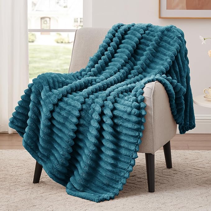 EXQ Home Fleece Blanket Twin Size for Couch or Bed - 3D Stripe Jacquard Decorative Blankets - Cozy Soft Lightweight Fuzzy Flannel Blanket Suitable for All Seasons(60"×80",Teal)