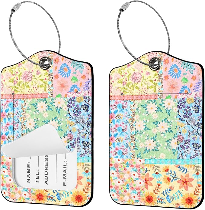 Seorsok 2Pcs Luggage Travel Tags for Suitcases,Colorful Blooming Floral PU Leather Name Tag with Privacy Cover&ID Label Address Card and Durable Metal Ring Suitable for Men Women Handbags Backpack