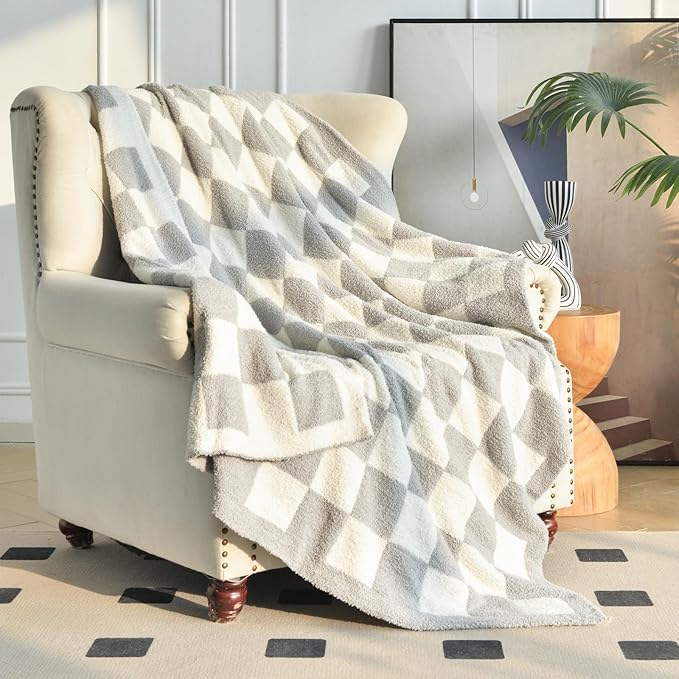 Checkered Blanket, Cozy Soft Throw Blankets for Couch Bed, Fluffy Plaid Lightweight Comfy Travel Picnic Blanket Gifts for Sofa Chair Living Room Camping (Light Grey, Throw 50"x60")