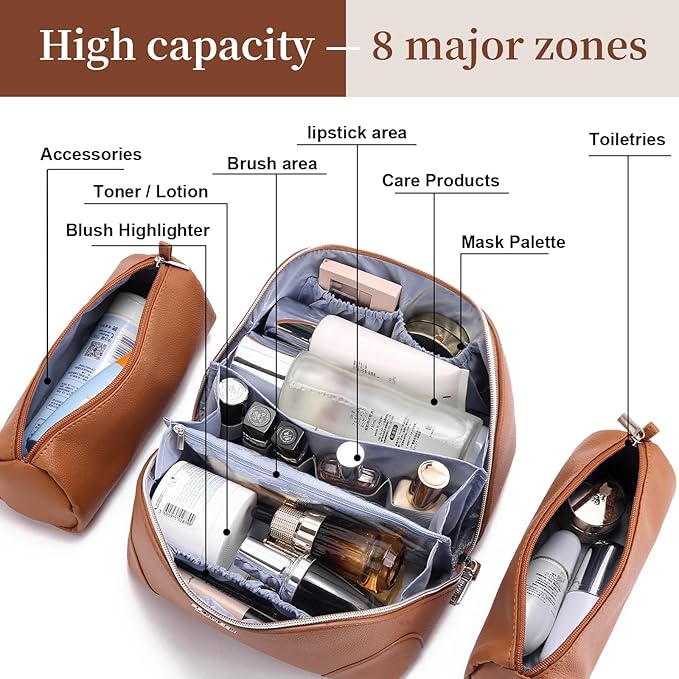 BOYATU Travel Makeup Bag Cosmetic Bags for Women: 3 Pcs Set Large Capacity Make up Bag with Handle - Waterproof Vegan Leather Toiletry Bags Travel Essentials with Compartments(C-1-Brown)