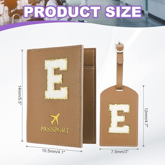PATIKIL Passport Holder for Travel, Initial Passport Cover and Luggage Tag Set with Alphabet Chenille Letter Patch Travel Wallet Bag Suitcase Identifier for Women Family Travel Brown E