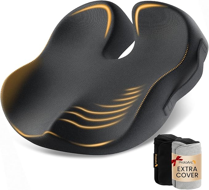 ProtoArc Extra Large Seat Cushion for Tailbone Pain Relief, Seat Cushions for Office Chairs, Extra Cover, Ergonomic Memory Foam Desk Chair Cushion for Sciatica Pain Relief, Car Seat Cushion - Black