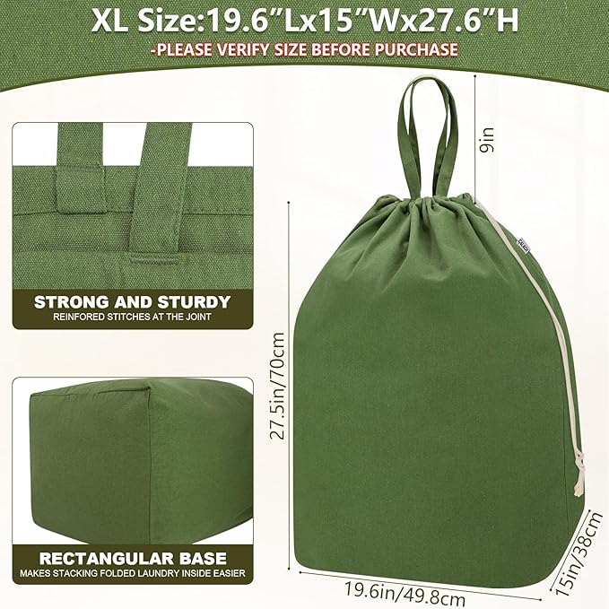 Canvas Laundry Bags with Handles & Rectangular Base, 20"Lx15"Wx27.6"H Extra Large Heavy Duty Laundry Basket Hamper Liner Replacement, Washable Cotton Drawstring Dirty Clothes Bag (Army Green)