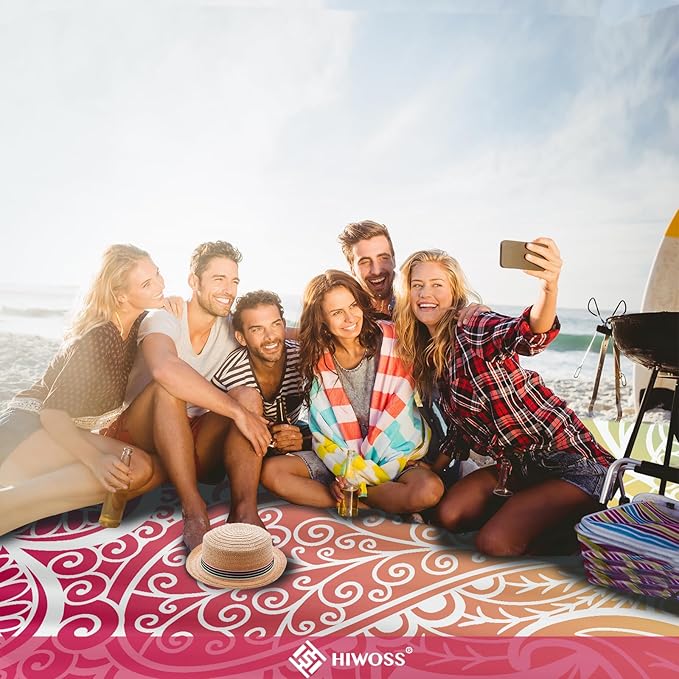 Beach Blanket Waterproof Sandproof Oversized 95”x 80”,Sand Free Beach Mat with Corner Pockets,Portable Mesh Bag for Beach Festival,Picnic,Travel and Outdoor Camping (Ombre Rainbow)