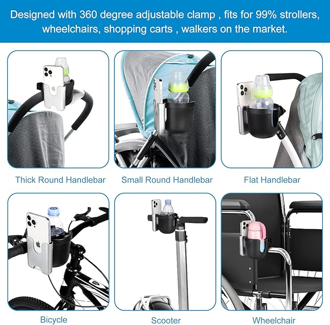 Accmor Stroller Cup Holder with Phone Holder, Bike Cup Holder, Universal Cup Holder for Uppababy Nuna Doona Strollers, 2-in-1 Cup Phone Holder for Stroller Bike Wheelchair Walker Accessory