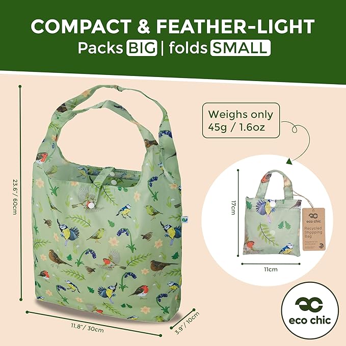 ECO CHIC Foldable Reusable Grocery Bags - Lightweight, Recycled & Reusable Shopping Bag - Waterproof Packable Tote
