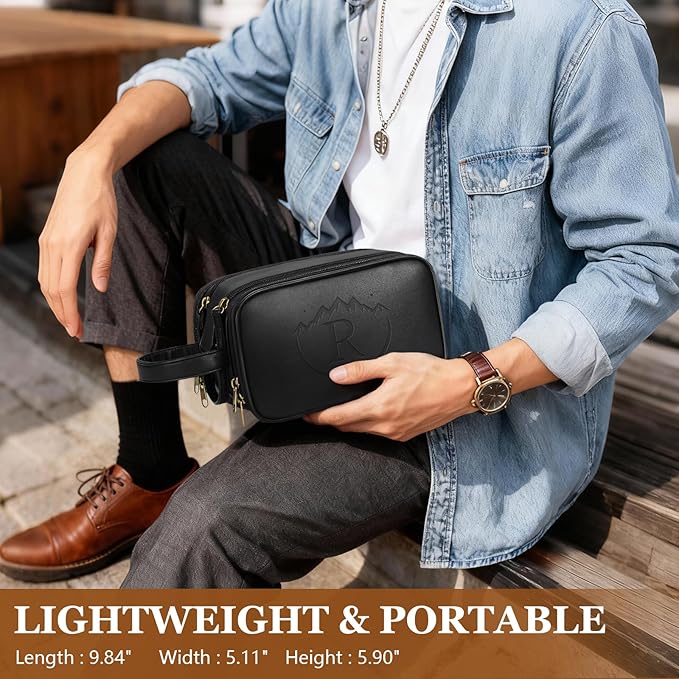 Travel Toiletry Bag for Men,Mens Shaving Bags for Toiletries,Men's Toiletry Travel Bag PU Leather,Personalized Travel Essentials,Birthday Gifts For Men,Black- R